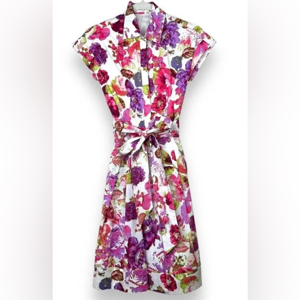 Eliza J Retro 50s Floral Shirt Dress Pink Purple Cotton Midi Size 6 - Picture 2 of 7